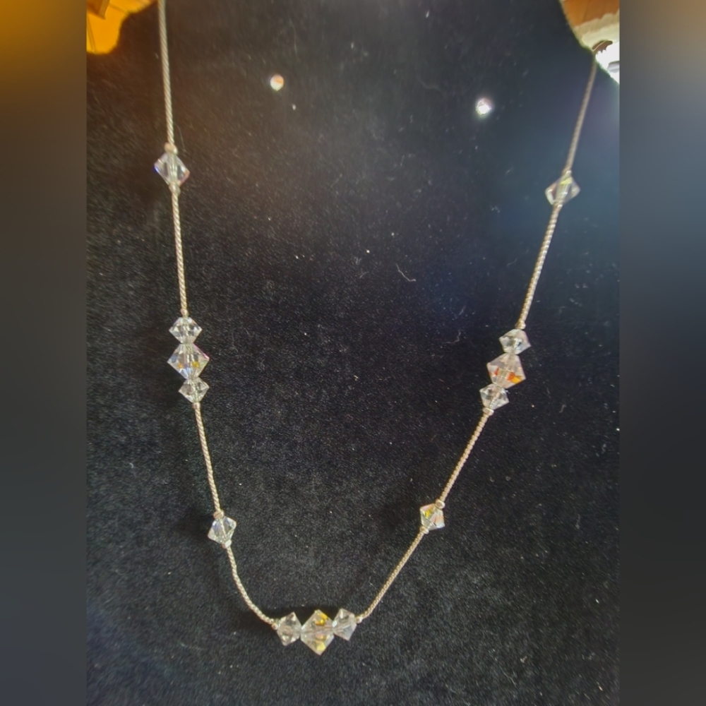 Aurora Borealis Crystal Bead Necklace on Silver-Tone Chain Vtg